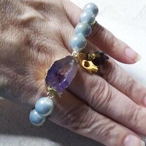 Dreamy! Iridescent Dove Gray Beads + Purple Druzy Bracelet! Gold Hamsa Hand!